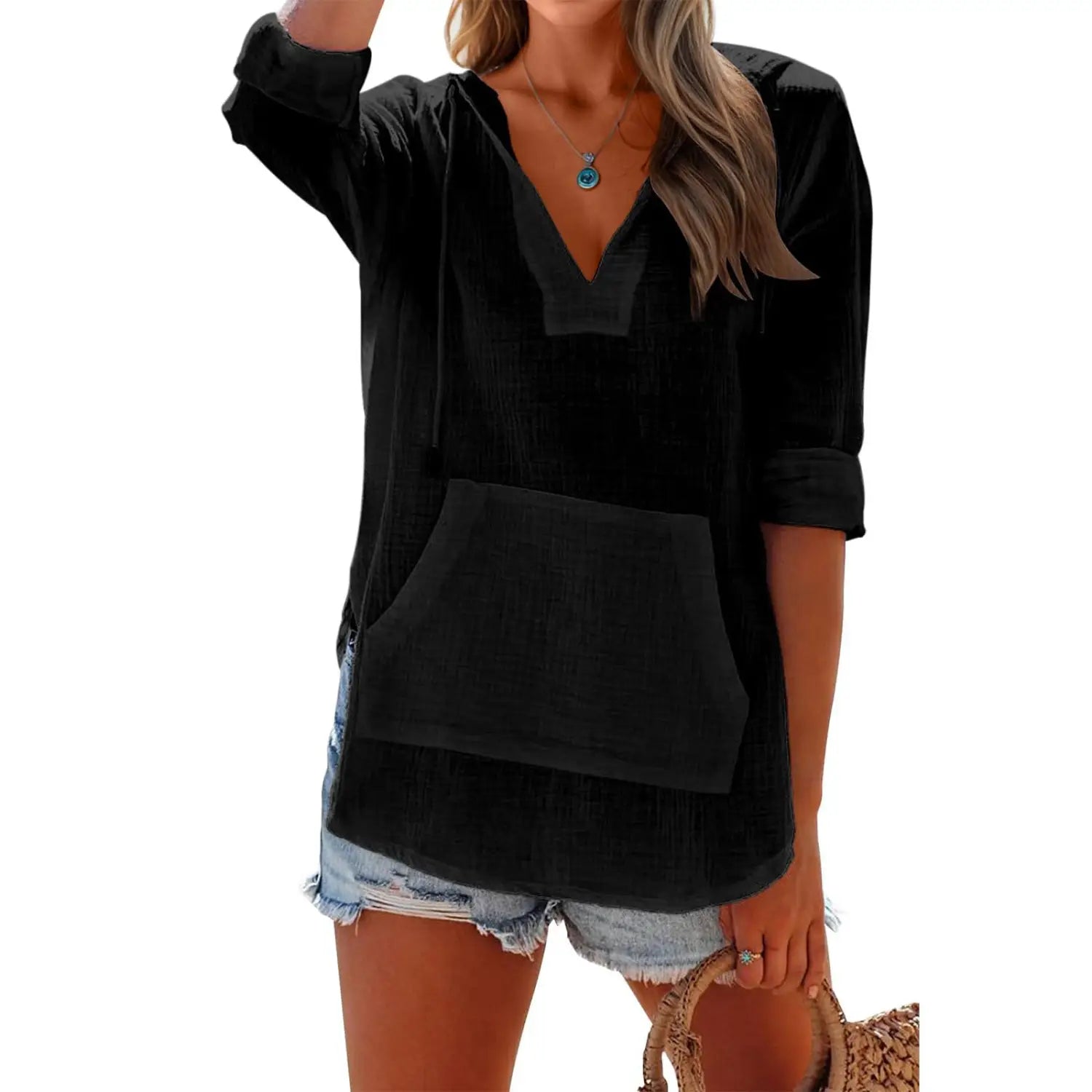 Black long-sleeved loose-fitting v neck cotton linen pullover with front pocket for women