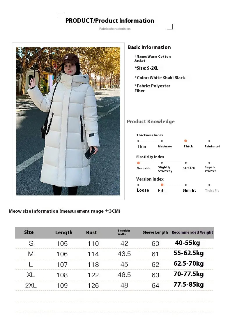 Weiße khakifarbene schwarze warme Steppjacke aus Baumwolle mit koreanischer Kapuze, vorderem Reißverschluss und Kapuze.