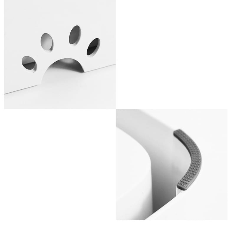 Weiße Kunststoff-Schale für 2 l zur Vermeidung von Überlaufen mit langsamer Trinkzufuhr für Haustiere, mit pfotenförmigen Aussparungen und strukturierter Griffleiste für Katzen.