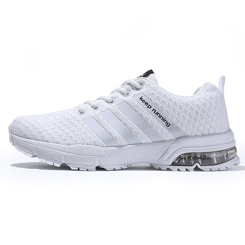 Men’s air cushion knit running sneakers in white featuring three silver stripes, keep running text, and a transparent air cushion in the heel.