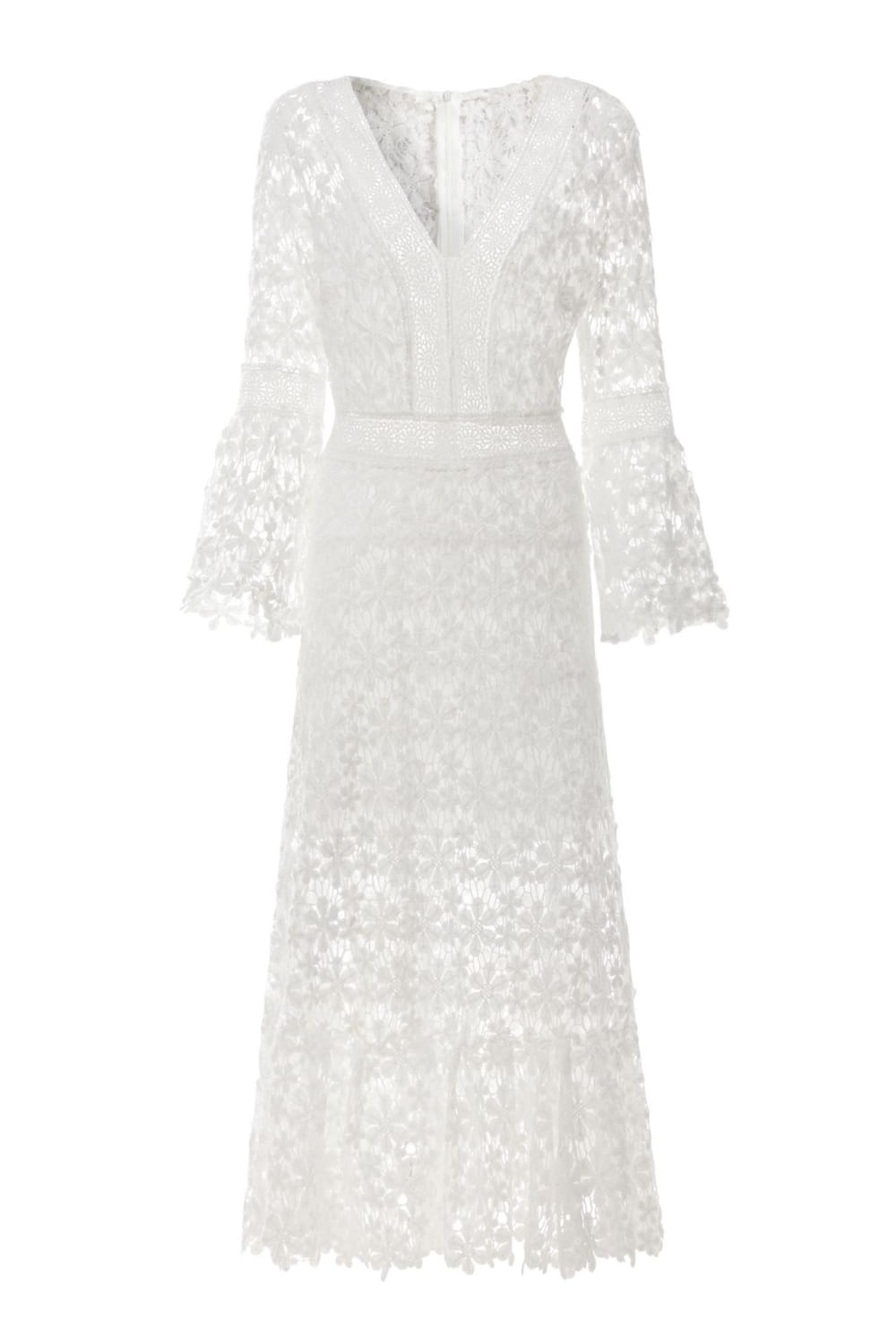 Elegant floral lace bell sleeve midi dress in white featuring a v-neckline, flared bell sleeves, and intricate floral lace fabric.