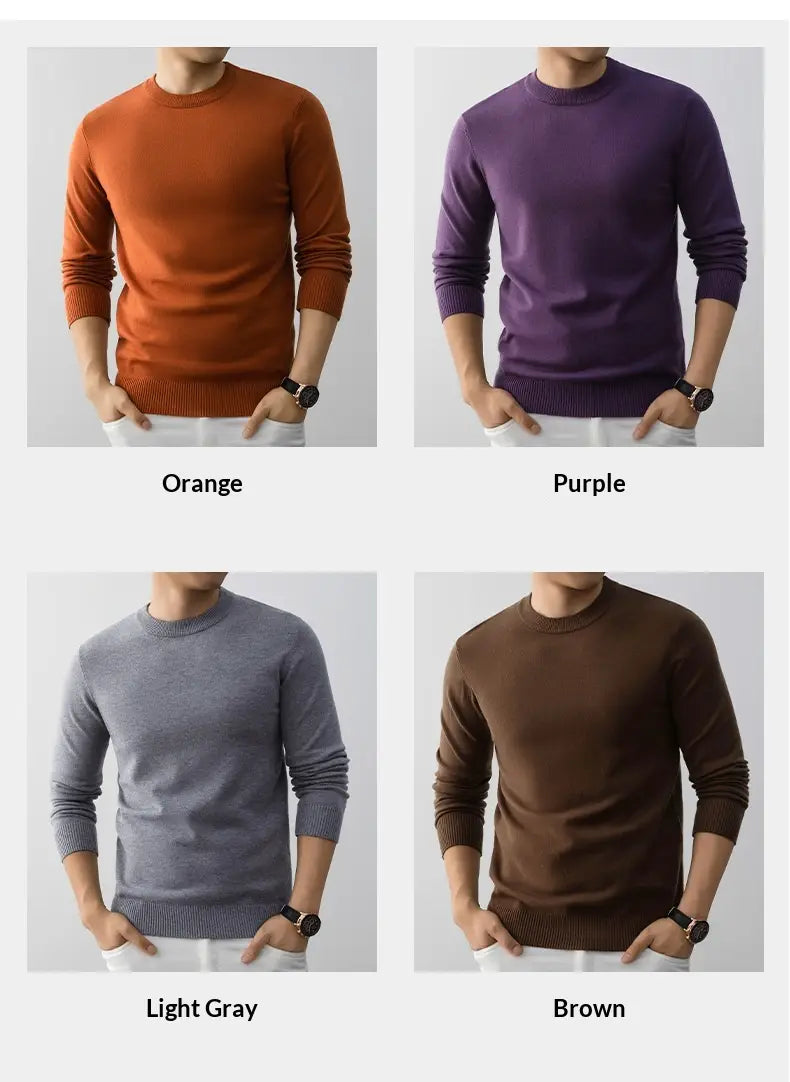 Ein minimalistischer Pullover mit Rundhalsausschnitt aus Strick für Herren, erhältlich in den Farben Orange, Lila, Hellgrau und Braun.
