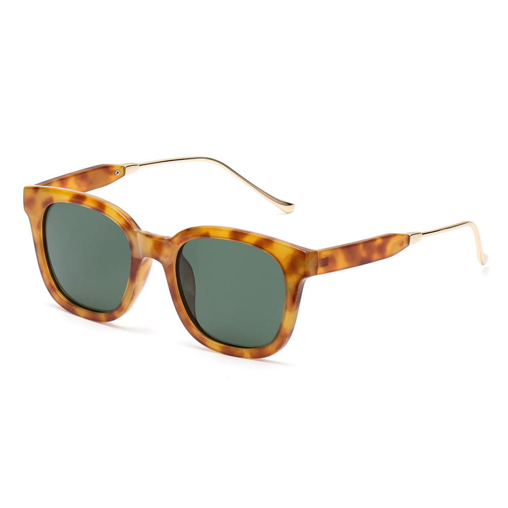 Lunettes de soleil carrées polarisées pour femme en acétate écaille de tortue, avec verres verts et branches métalliques ton sur ton doré