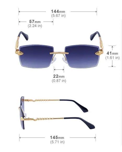Rimless sunglasses for men with gold-toned rectangular frames, gradient blue lenses, and ornate twisted metal temple details offering UV400 protection.
