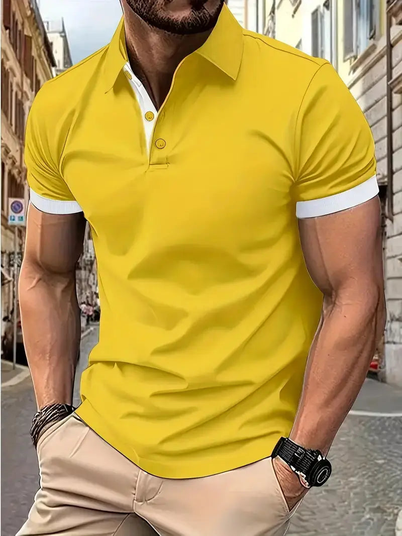 Kontrastiertes Herren-Poloshirt in leuchtendem Gelb mit weißem Kragen und Ärmelmanschetten aus bequemem, kurzem Ärmel tragbaren Stoff.