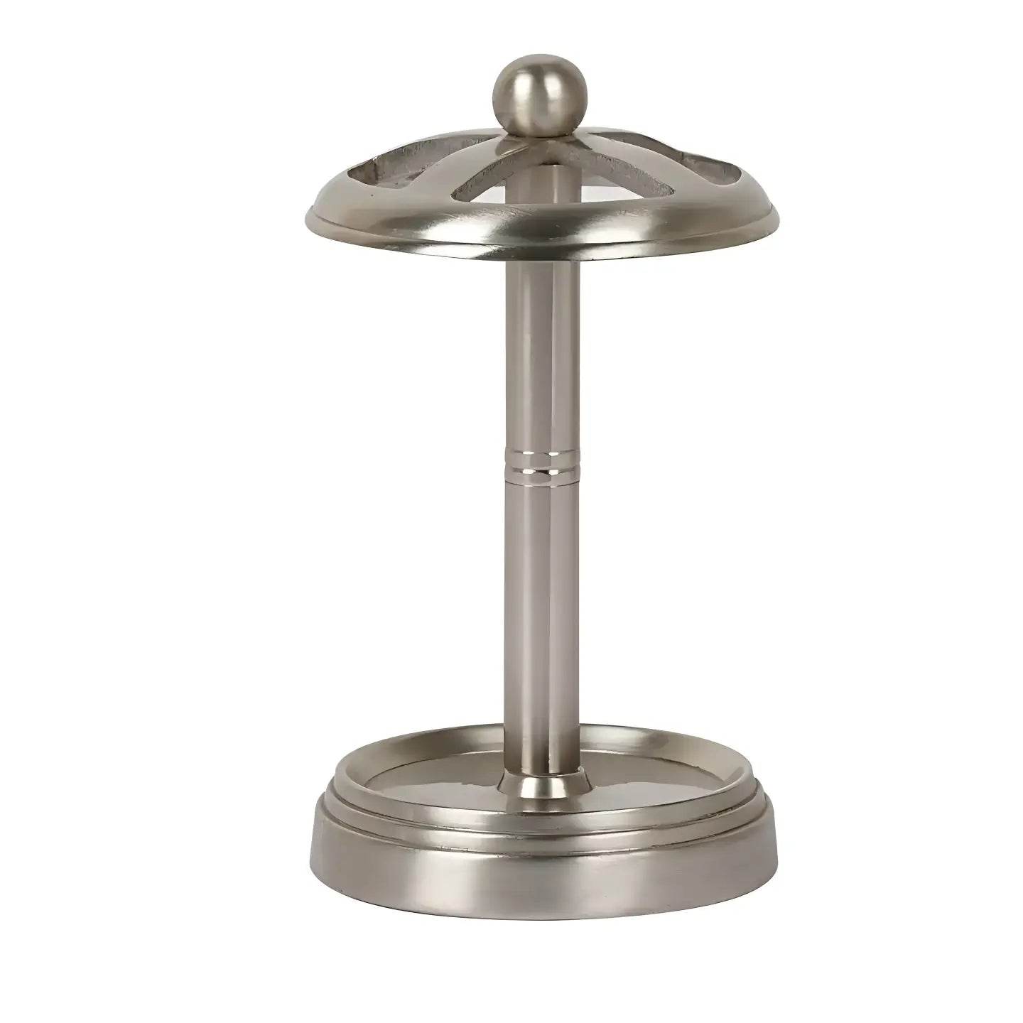 Stainless steel toothbrush holder with a brushed pewter finish featuring a sleek, polished umbrella stand design and decorative cutouts on the circular top.