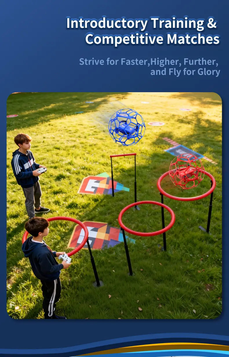 Blue and red K26 football drone with a spherical cage flying through an outdoor training course featuring dual battery operation.