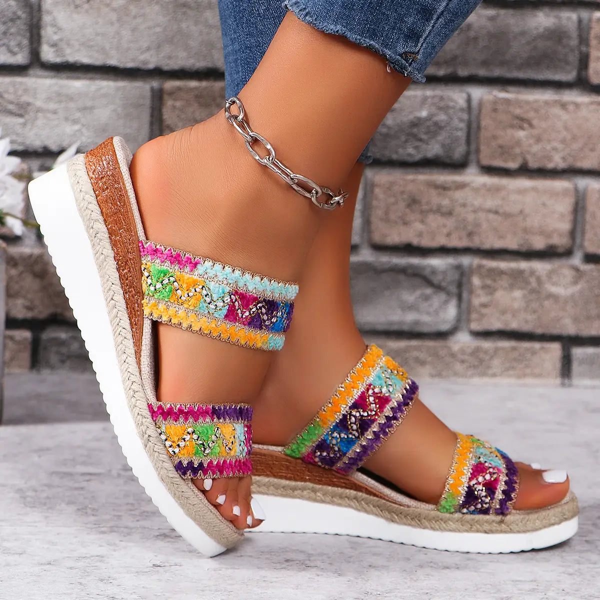 beige woven wavy pattern ethnic wedge espadrille sandals for women with gold zigzag embroidered straps