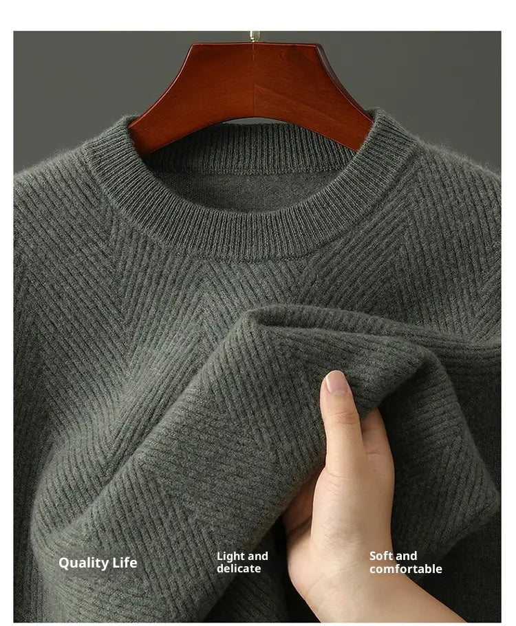 Men’s dark gray ribbed knit cashmere pullover sweater with a crew neck and soft texture.