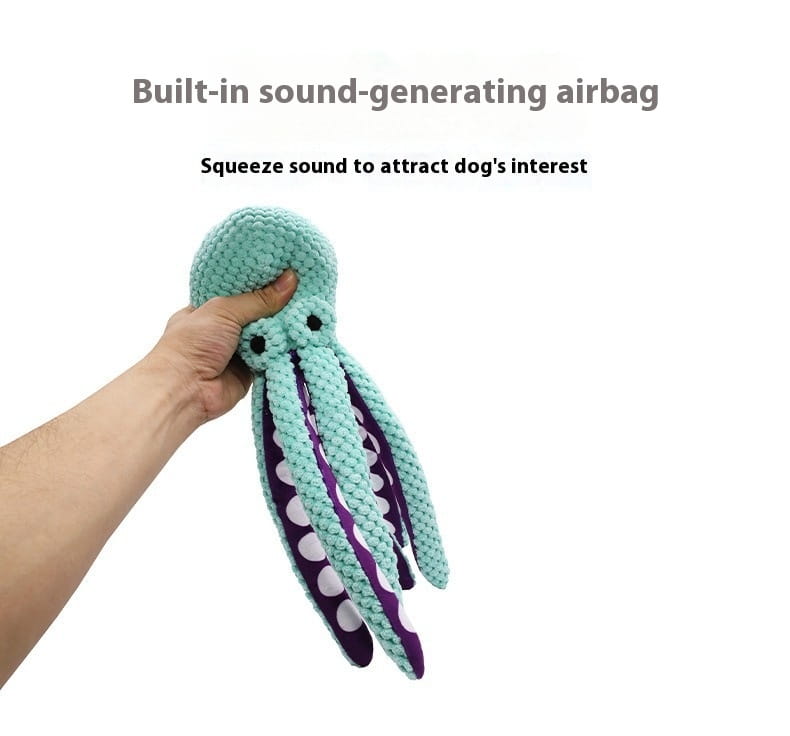 A teal and purple crocheted squeaky octopus plush pet toy with white polka dots on textured fabric tentacles designed to make a sound when squeezed.