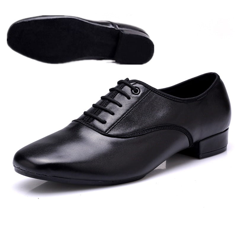 Chaussure de danse noire pour homme en cuir, avec matériau microfibre, talon bas et modèle à lacets, conçue pour la danse.