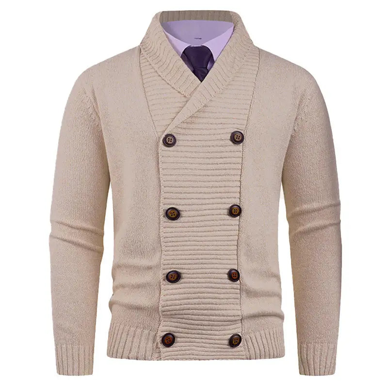 Men’s double-breasted knit cardigan in beige with ribbed detailing and dark brown buttons.