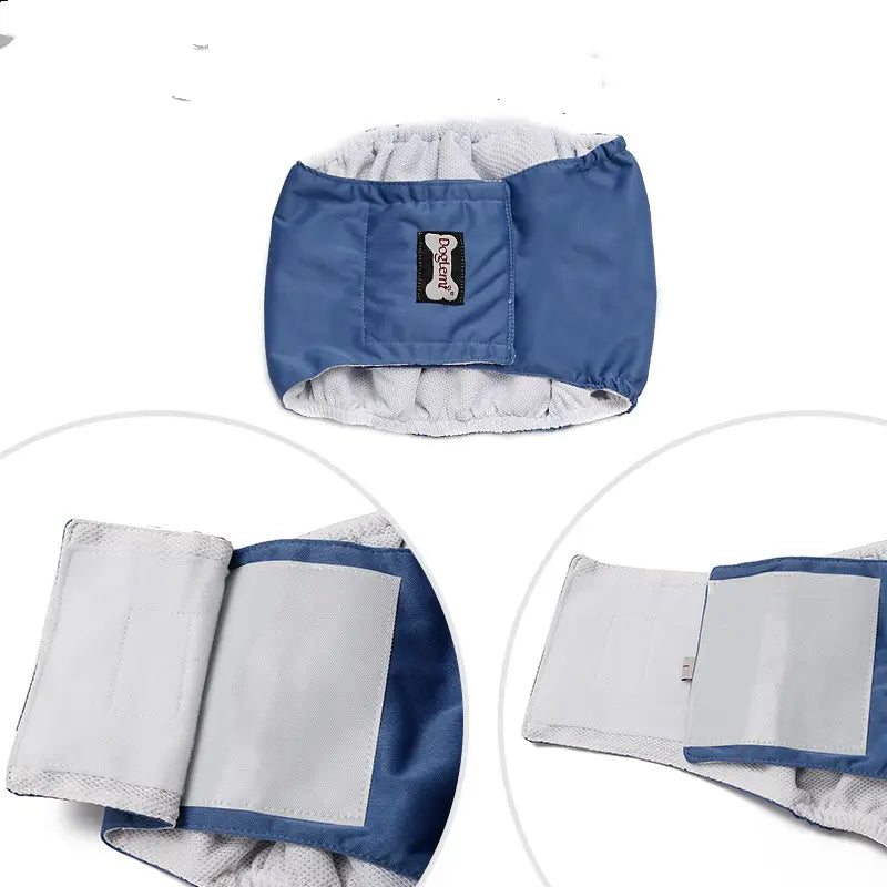 Blaues doggent waschbares männliches Hundewindelhöschen, hygienischer Gürtel mit weichem grauem Fleece-Innenfutter und verstellbarem elastischem Bund, von der Rückseite sichtbar.