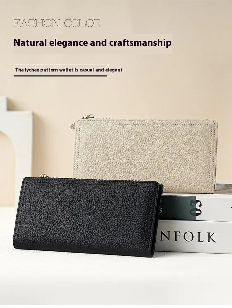 black cowhide leather anti theft rfid long zip wallet with textured surface and zipper closure