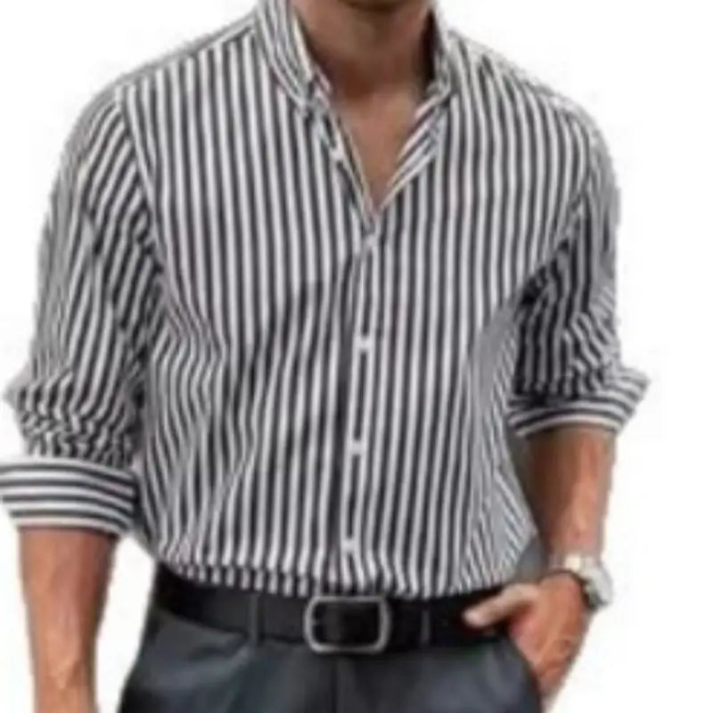 A men’s long-sleeved button-down shirt with vertical black and white stripes and rolled-up cuffs for casual wear.