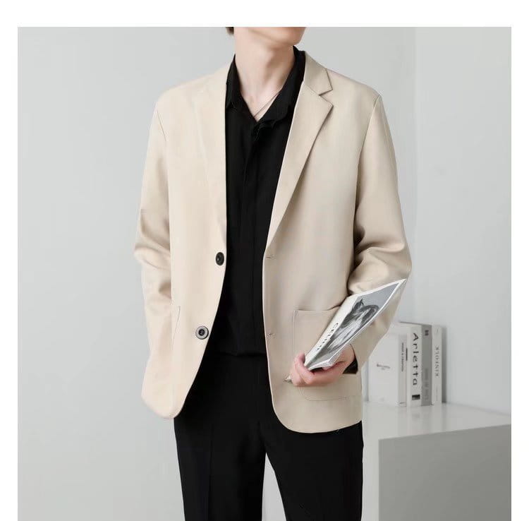 Men slim fit two button beige blazer with black buttons and sleek modern design for formal occasions