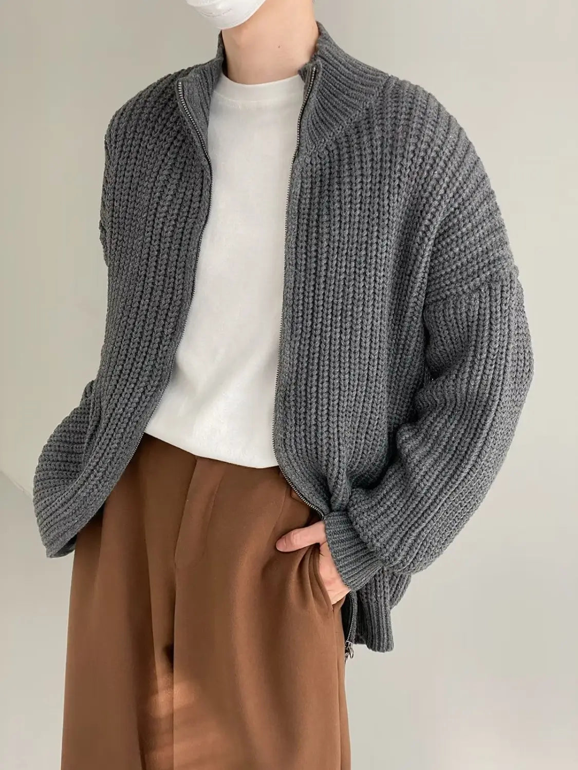 men’s gray ribbed knit zip-up cardigan featuring a relaxed oversized fit made from soft knit material