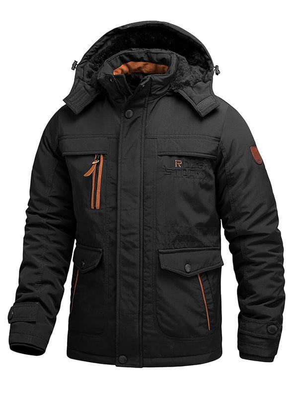 Manteau d’hiver pour homme doublé en polaire, veste isolante noire, avec tirettes de fermeture éclair orange et écusson en cuir marron sur la manche.