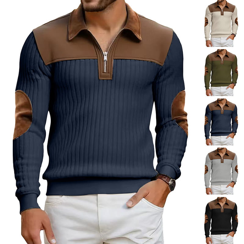 Men’s ribbed patchwork half zip knit sweater in navy blue and brown with leather-like patch accents on shoulders sleeves and collar.