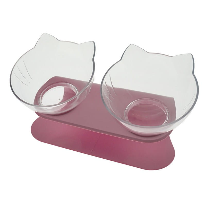elevated cat bowl tilted 15 degree double feeder stand featuring clear cat-shaped glass bowls with pink silicone bases.