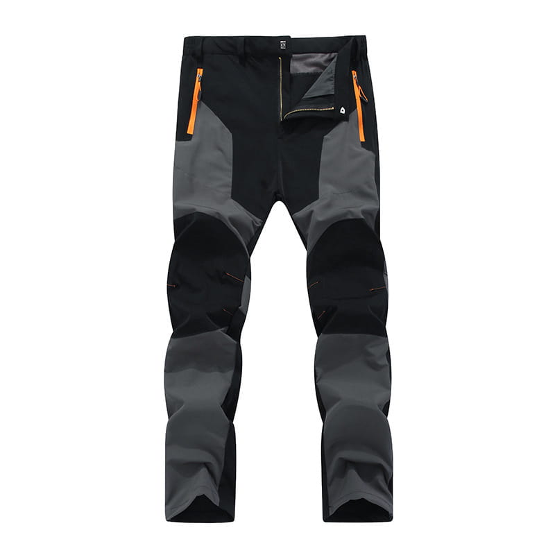 Men waterproof hiking pants in black and gray with orange zipper accents featuring stretch material and tactical design.