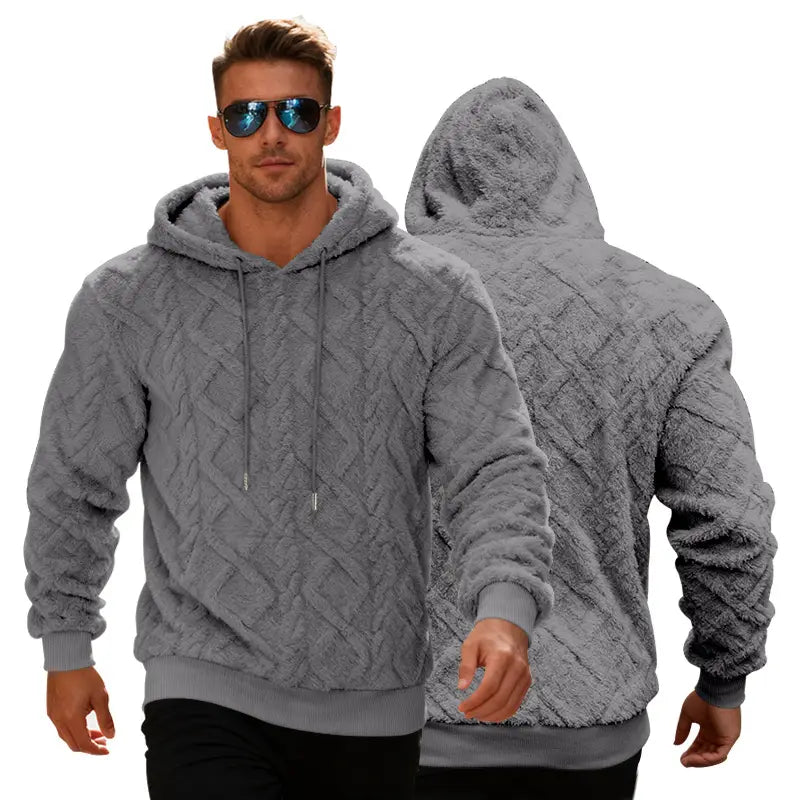 Men’s textured fleece lined knit hoodie in gray with a diamond pattern and matching drawstrings.