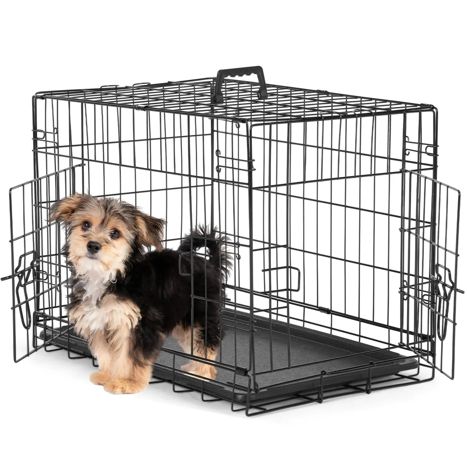 Jaula para perros de malla metálica negra con doble puerta, con bandeja de plástico negro extraíble y asa para un transporte sencillo