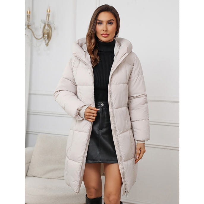 A long light gray women hooded quilted puffer coat made of thick material designed for winter.