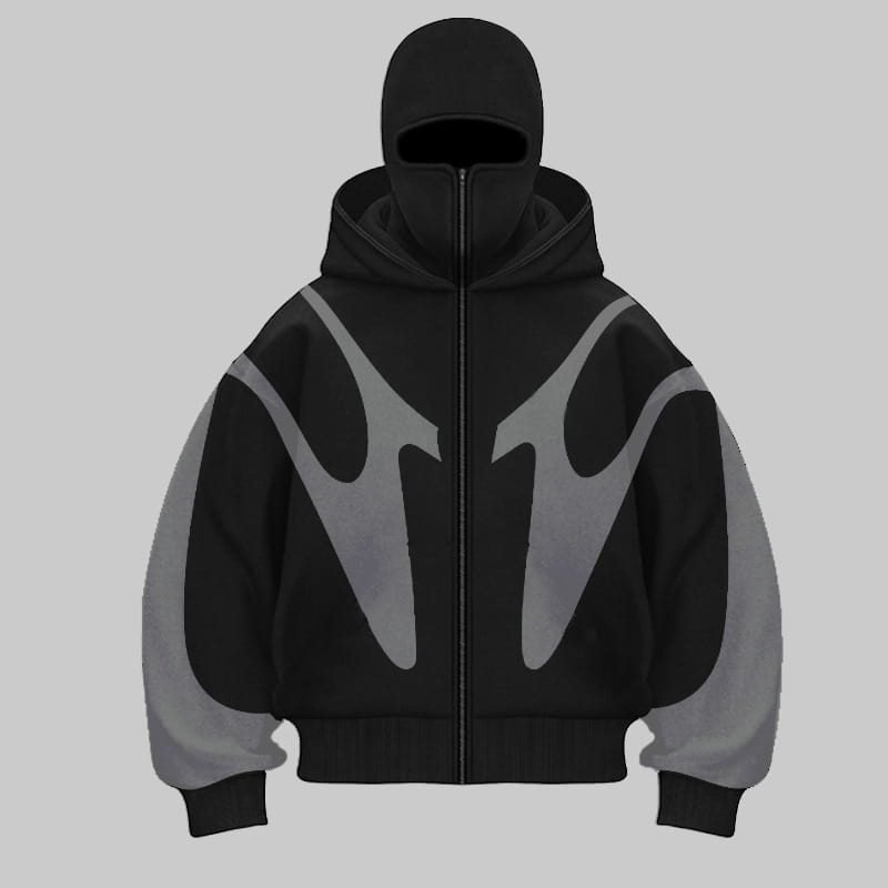 Veste à capuche zippée noire et grise à motif de flamme, avec une capuche de style cagoule conçue pour une tenue décontractée
