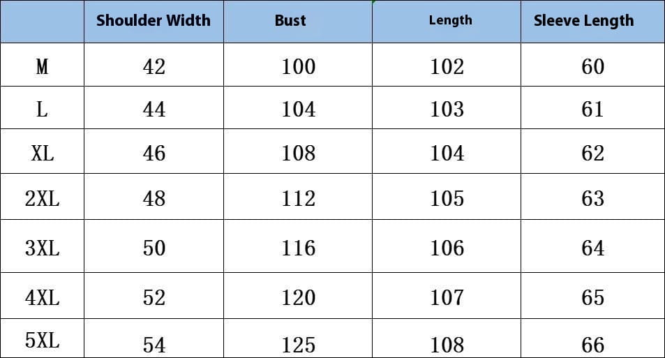 Size chart for a wool trench coat mens mid length thick winter jacket showing shoulder width bust length and sleeve length measurements in centimeters for sizes m to 5xl.