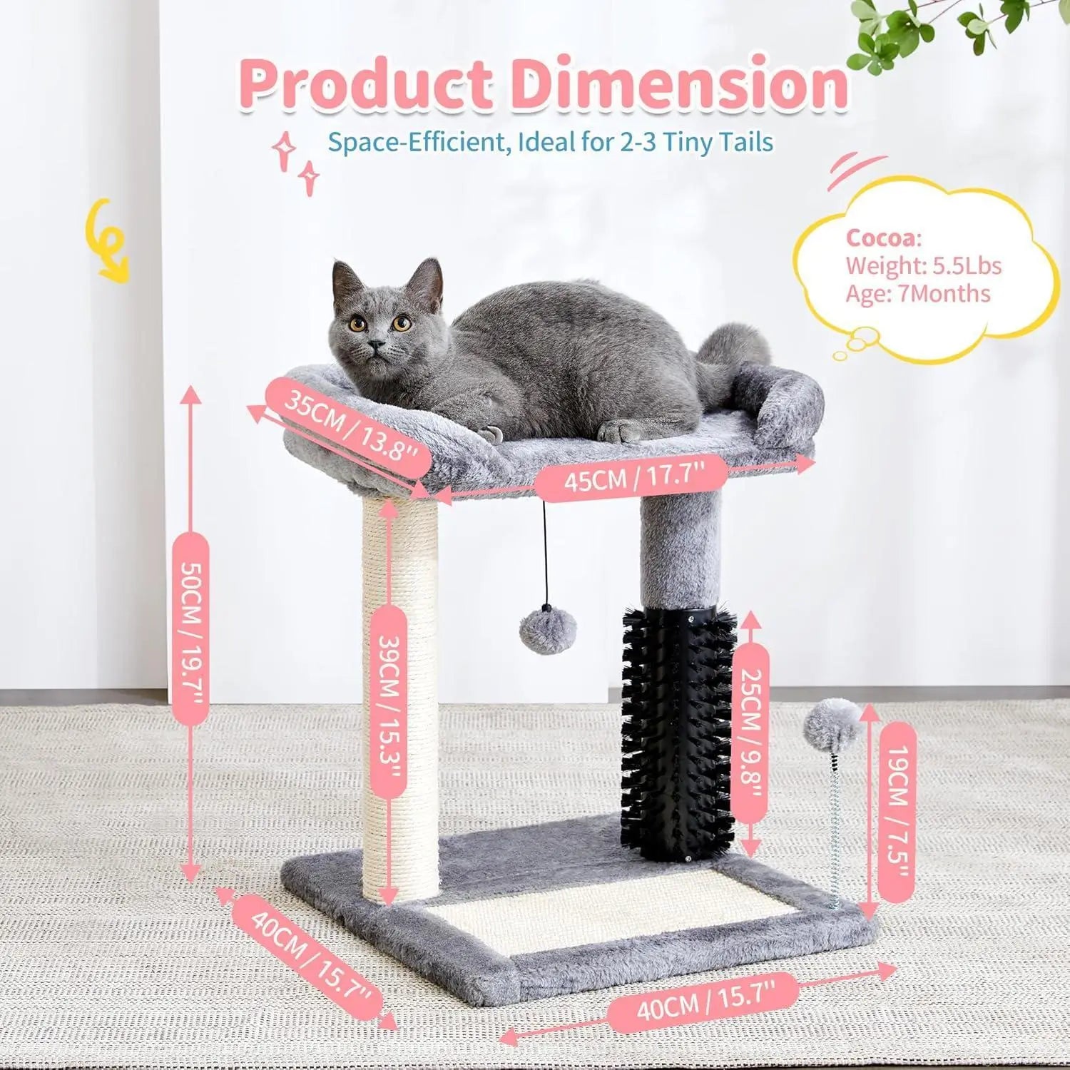 Gray cat tree tower with plush top platform sisal-wrapped scratching posts and black brush toy attachments for feline play and exercise.