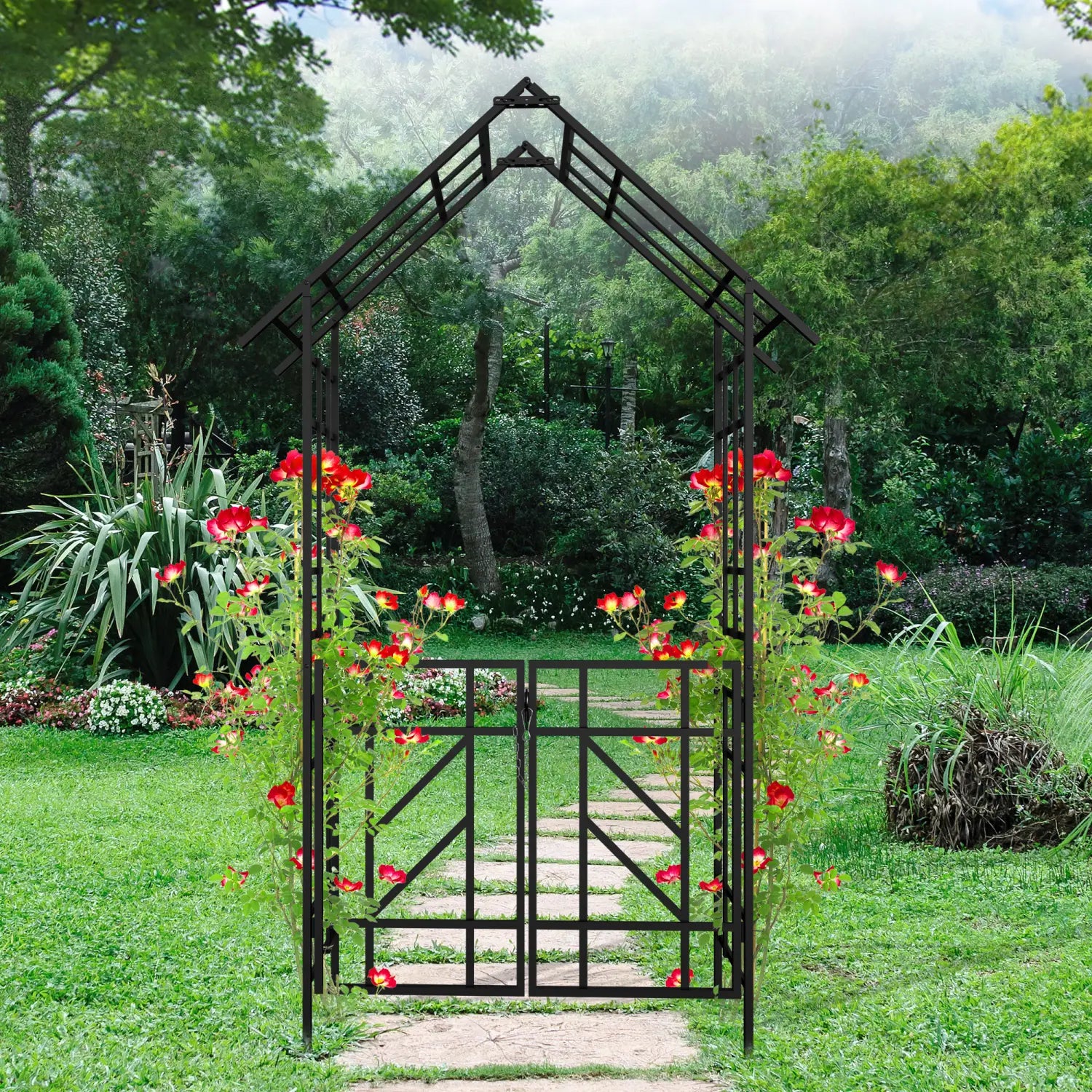 Black wrought iron garden arbor with red roses climbing its frame metal garden arch with gate black iron trellis 97 inch.