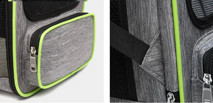 Breathable mesh pet carrier backpack in gray and neon green with mesh panels black straps and silver zippers shown from the back side.