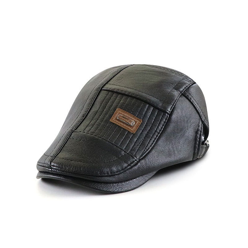 black leather pu leather two tone flat cap for men with a brown rectangular patch on the front