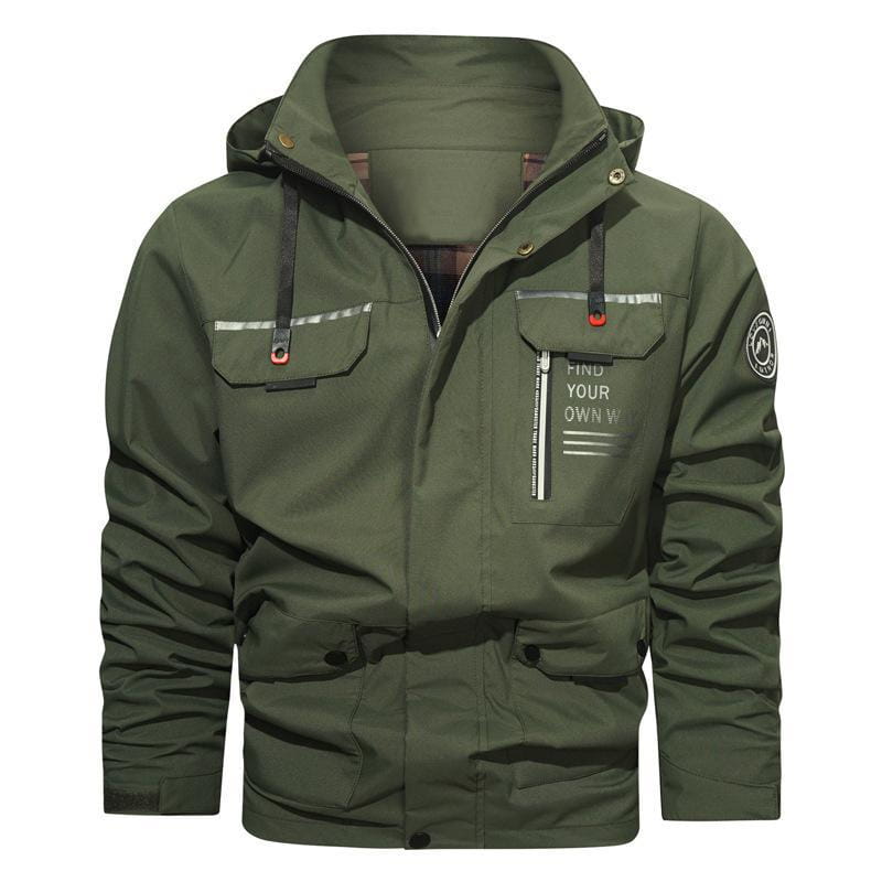 Mens outdoor fleece hooded jacket in olive green with a front zipper, two chest pockets with silver reflective stripes and red button accents, and a patch on the left sleeve.