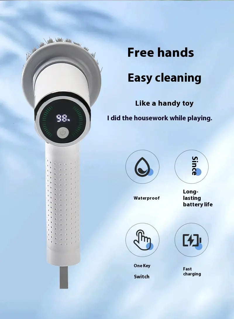 White handheld electric cleaning brush with wireless smart scrubber tool featuring a digital display showing 98 percent and bristles at the top.