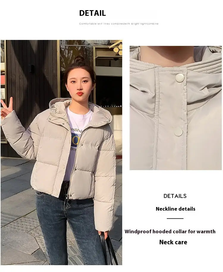Beige women hooded short down jacket with puffer design and front button closure.