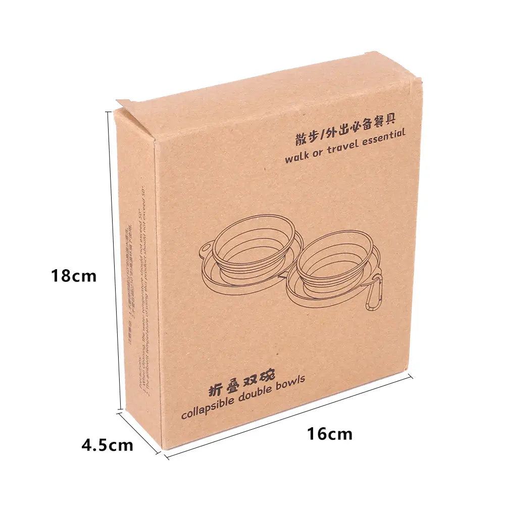 Brown cardboard box labeled collapsible double bowls featuring a line drawing of two flexible silicone dog bowls for travel use.