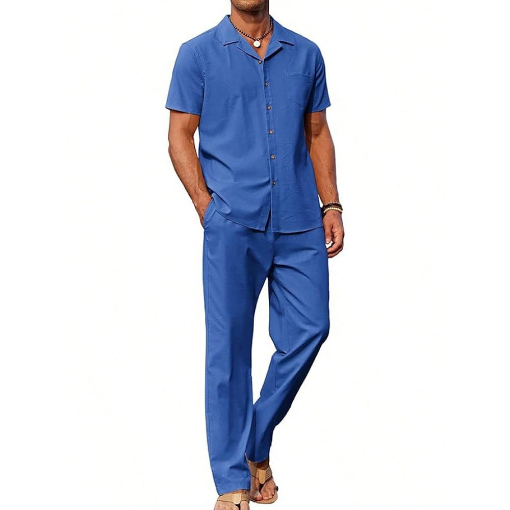 Men short sleeve shirt and trousers set in blue featuring a button-up shirt and matching pants made from lightweight fabric for casual wear.