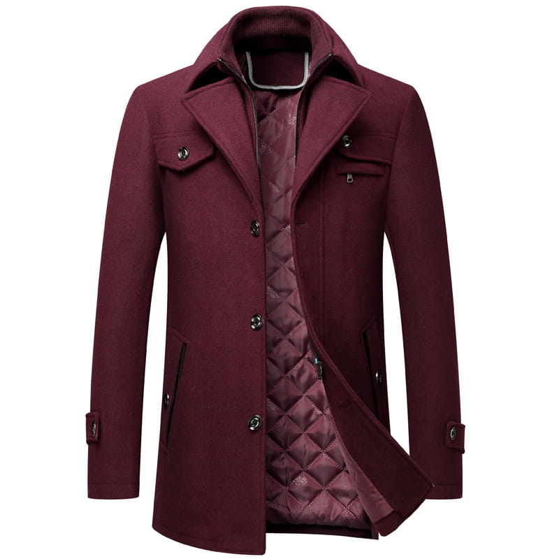 Men wool winter overcoat maroon color with quilted lining and button closures made from woolen fabric.