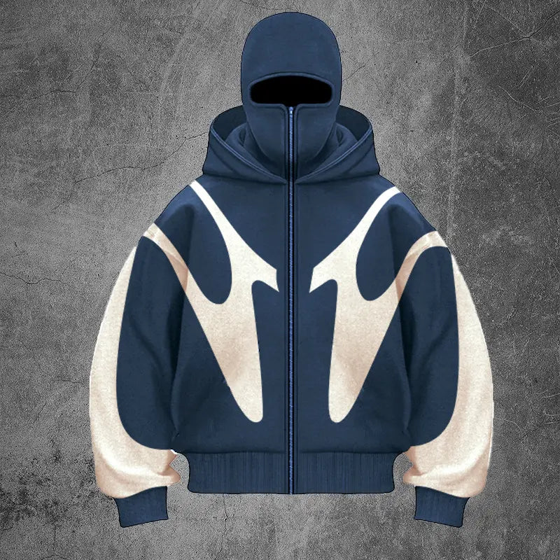 Veste zippée à capuche cagoule à graphisme de flamme bleu foncé, avec des graphismes abstraits de flamme sur le buste en crème et des manches en tissu pelucheux contrastantes.
