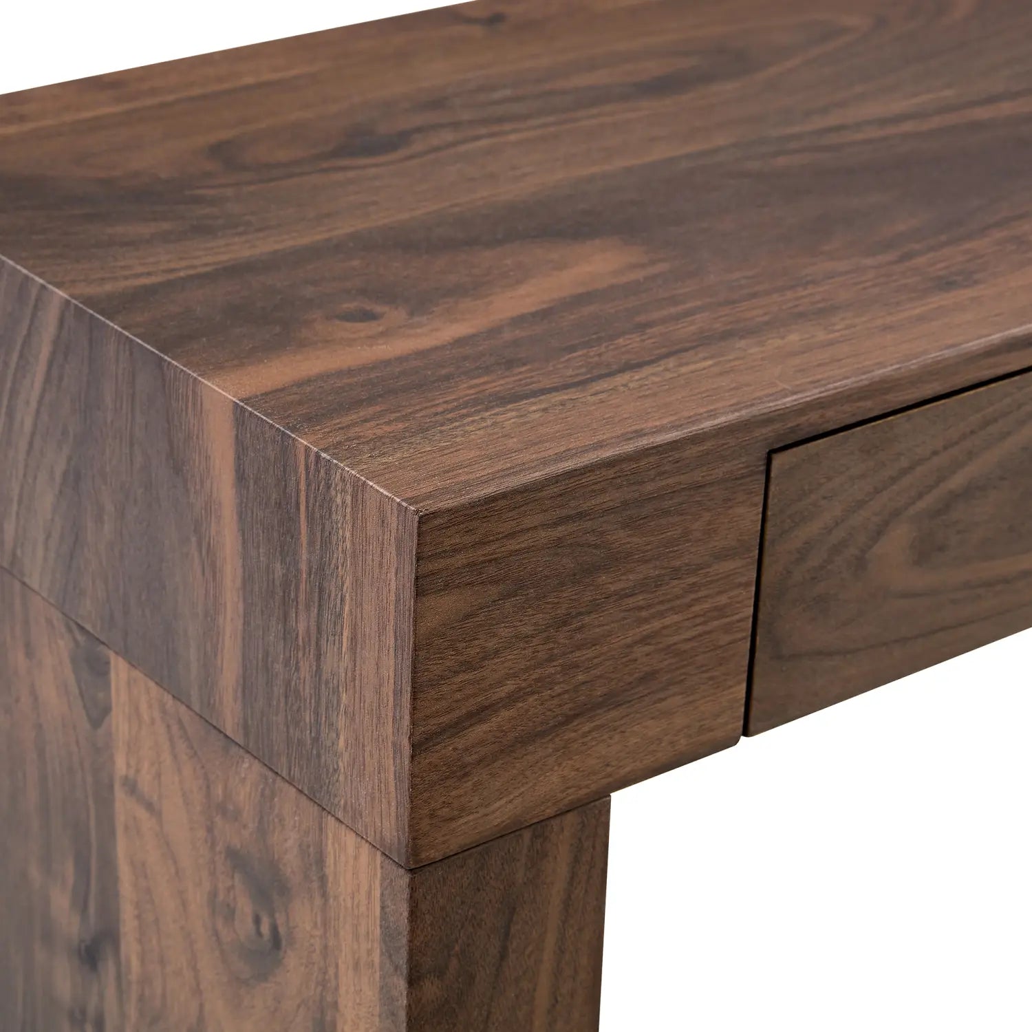 Dark brown walnut wood bar table with double drawers and smooth polished finish showcasing visible grain patterns.