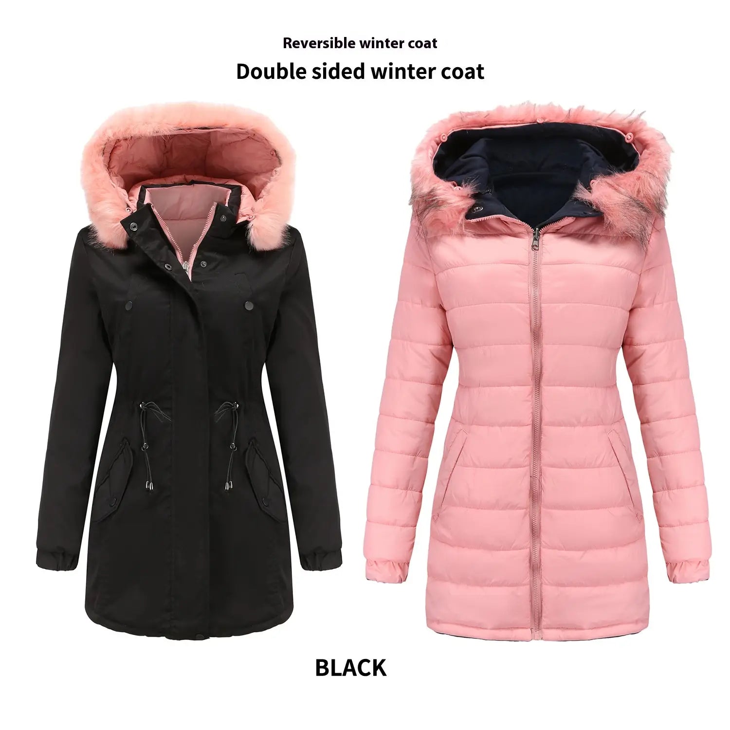Reversible fur collar quilted parka featuring a plush pink fur-lined hood, available in black and light pink winter coat.
