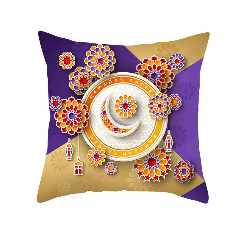 Funda de cojín de Ramadán Kareem azul y oro para linterna Eid, con un cojín decorativo morado y dorado, con un diseño central de luna creciente rodeado de patrones florales intrincados y coloridos en rojo, naranja y morado.