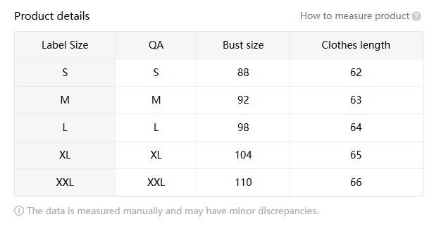 The product details table for the brushstroke heart print sleeveless crew neck tank top displays size measurements including bust and clothes length in centimeters for sizes s through xxl.