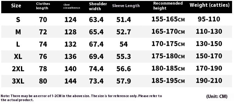 Size chart for insulated hooded quilted puffer jacket in various sizes from s to 3xl with measurements in centimeters for outdoor sports.
