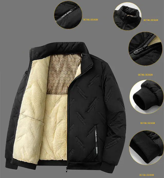 Men’s graphene quilted winter jacket in black with plush cream-colored fleece lining and subtle geometric stitching pattern.