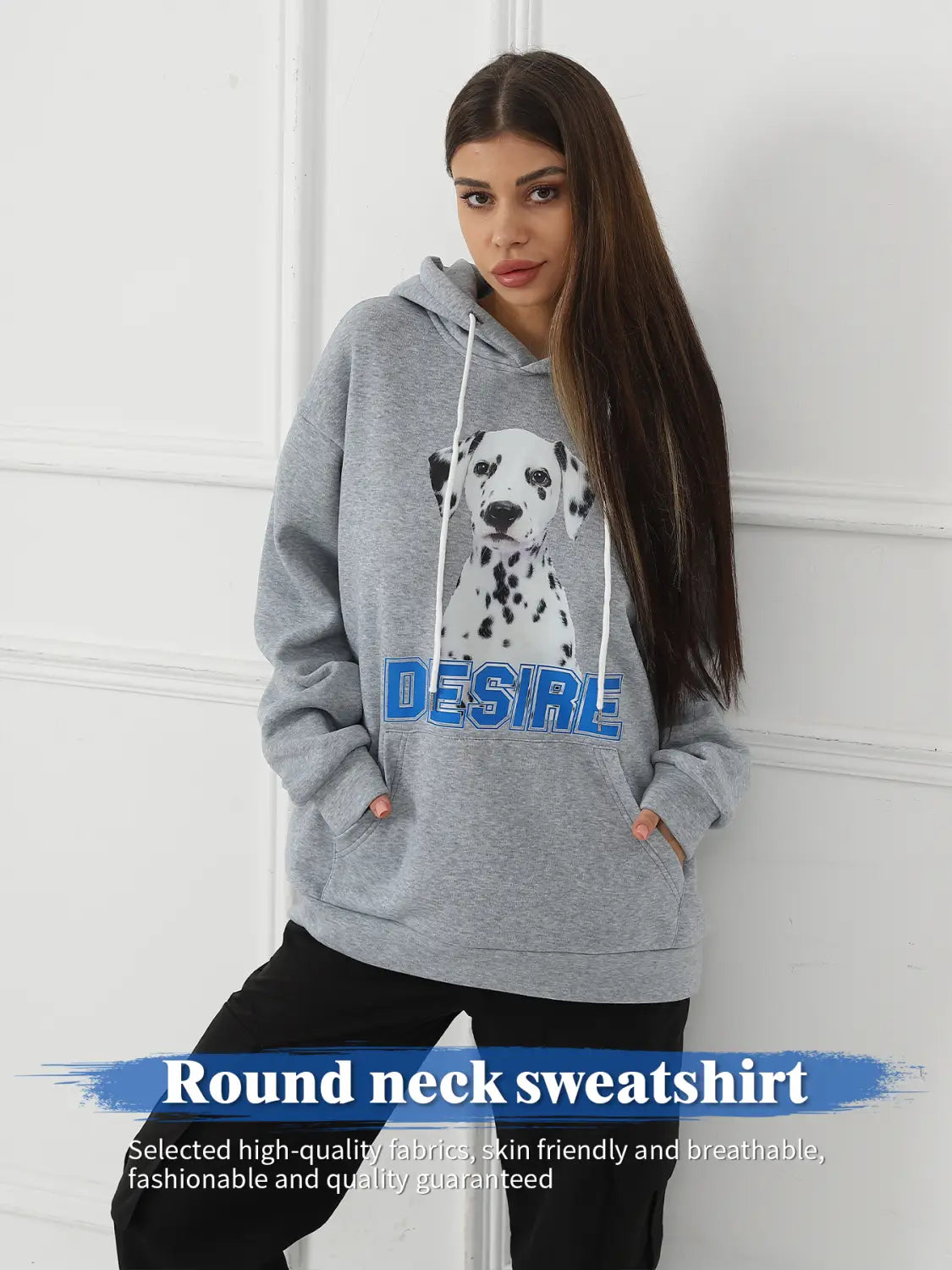 Women’s gray round-neck sweatshirt made of soft material featuring a dalmatian graphic and blue desire text, part of the dalmatian print hoodie with cat ear hood collection.