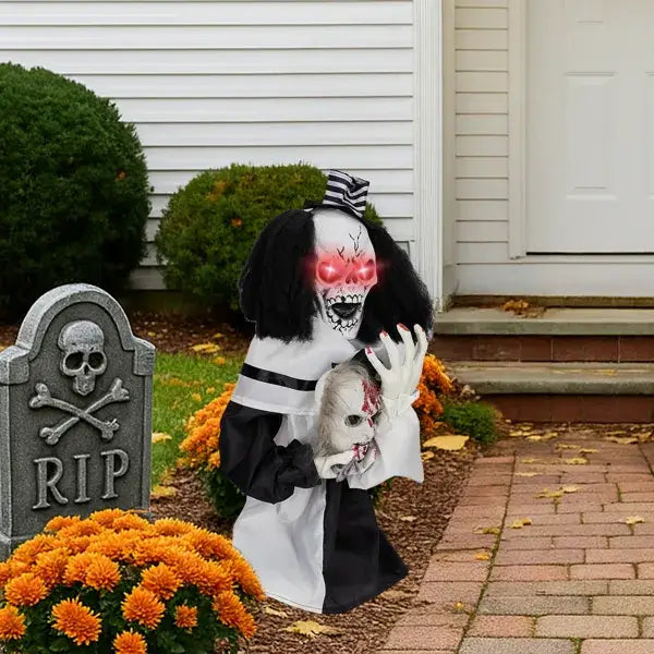 a black and white halloween animatronic skeleton dressed as a witch with glowing red eyes holding a smaller skull in her hands sound activated 1.8ft scary clown halloween decoration