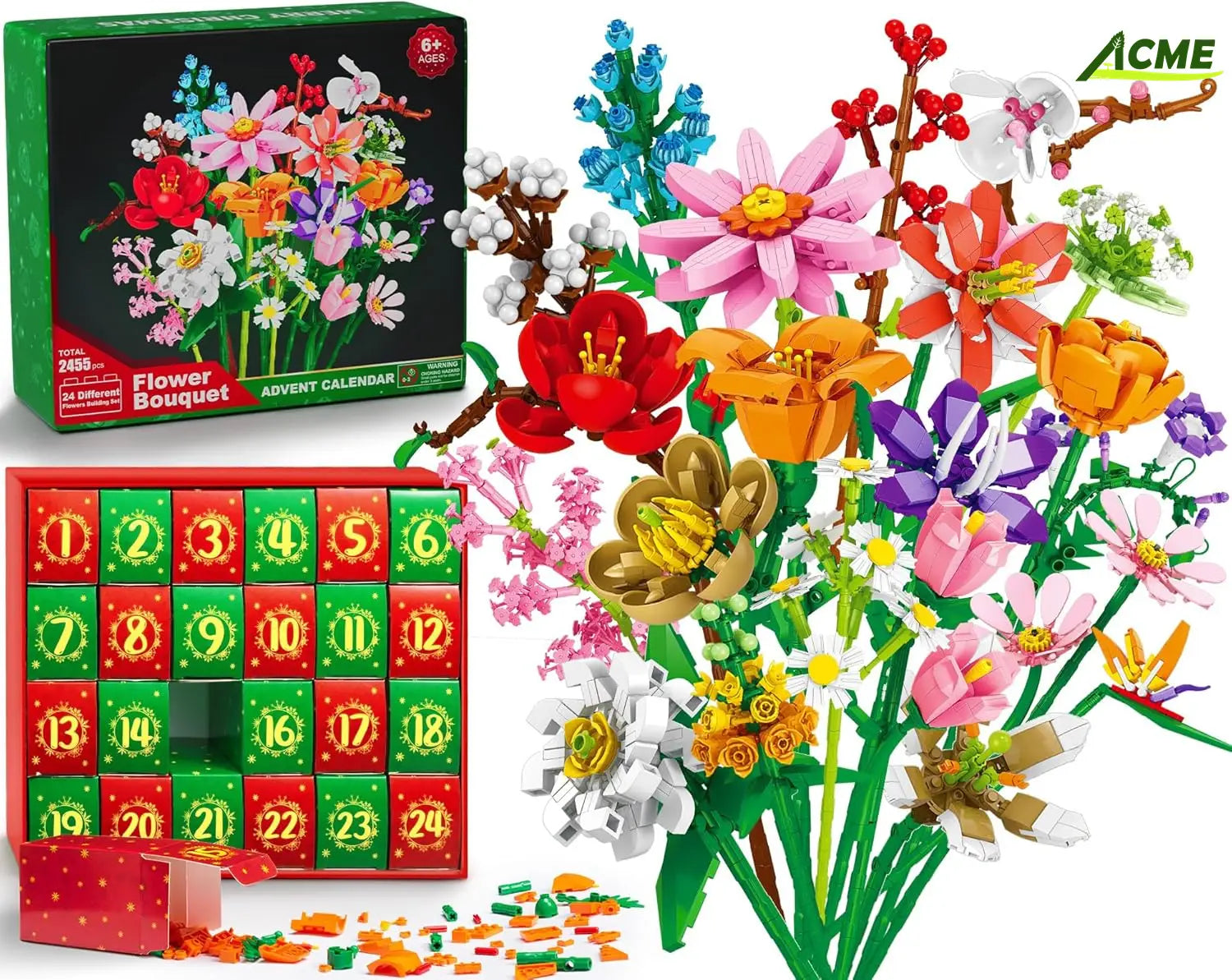 Un bouquet de fleurs multicolore et éclatant, fabriqué à partir de briques de construction en plastique s’emboîtant, issu du produit « briques de construction de calendrier de l’Avent en forme de bouquet de fleurs ».